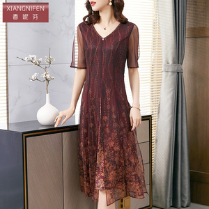 香妮芬台湾纱遮肚显瘦洋气妈妈连衣裙女夏季2026新款时尚v领大摆