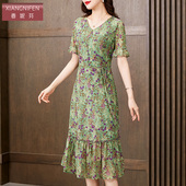 香妮芬优雅气质淑女风年轻妈妈连衣裙2025夏季 新款 系带收腰遮肚子