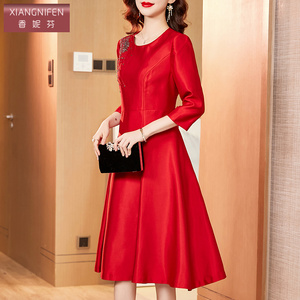 香妮芬刺绣钉珠喜婆婆宴会礼服2026新款春秋妈妈婚庆婚宴连衣裙女