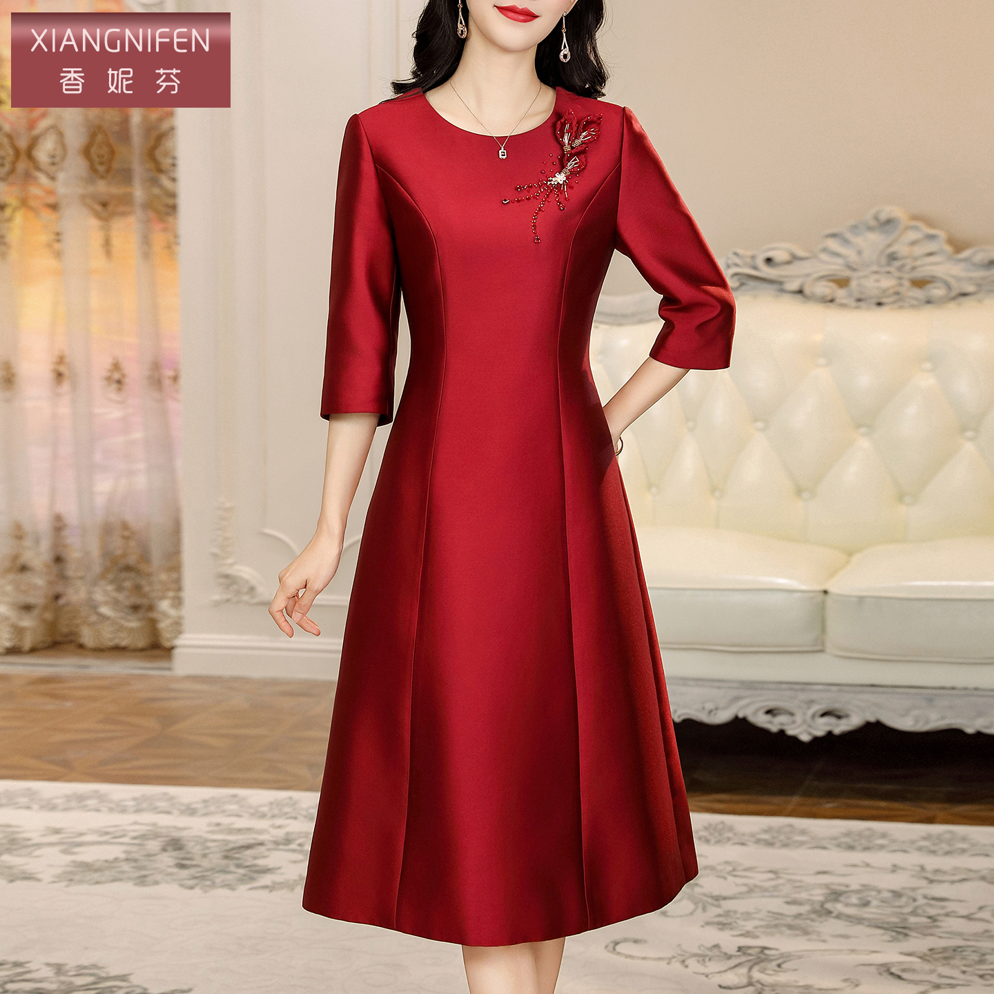 香妮芬高端喜婆婆宴会礼服2025新款秋冬妈妈婚宴敬酒连衣裙女修身