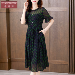 香妮芬简约气质中年妈妈台湾纱弹力连衣裙2026新款春季大摆波点裙