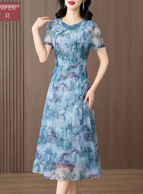 香妮芬水晶纱花卉纹透气妈妈连衣裙2026夏季新款国风气质旗袍