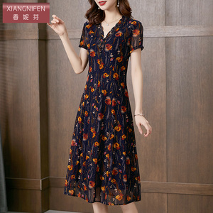 香妮芬高端V领洋气中年妈妈连衣裙2026新款夏季短袖收腰显瘦裙子