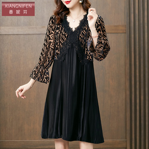 香妮芬蕾丝v领气质洋气连衣裙女2026新款春季轻奢高贵优雅拼接裙