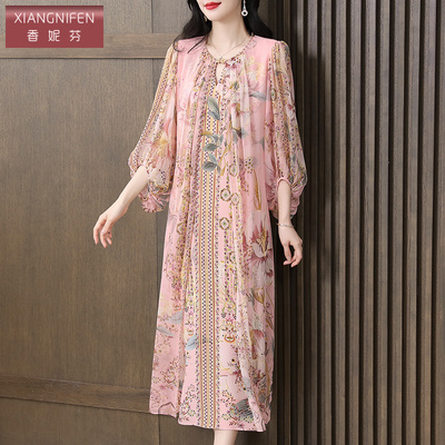 香妮芬碎花漂亮独特2025夏季新款气质妈妈真丝连衣裙女轻奢高级感