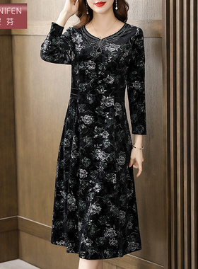 香妮芬中年妈妈气质连衣裙女2026新款春季季修身碎花黑色显瘦裙子