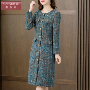 香妮芬圆领格子高端小香风针织连衣裙2026春季 收腰显瘦中长裙 新款