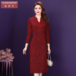 香妮芬中年妈妈连衣裙女气质高贵2026春季新款红色洋气宴会礼服裙