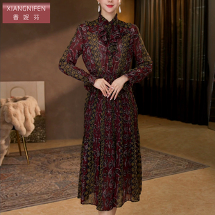 香妮芬[清仓特价]优雅气质中年妈妈连衣裙长袖收腰显瘦女士中长裙