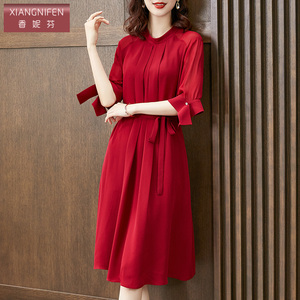 香妮芬红色高端精致重磅真丝阔太太贵妇人连衣裙2026新款夏季气质