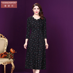 香妮芬2026春秋新款 高贵气质 妈妈连衣裙弹力针织印花洋气中年女装