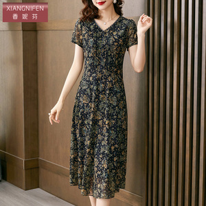 香妮芬碎花连衣裙女夏季2026新款高贵优雅弹力修身台湾纱v领短袖
