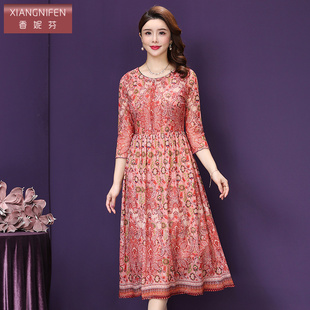 香妮芬弹力台湾纱新款连衣裙中长款2025春季新款七分袖时尚大摆裙