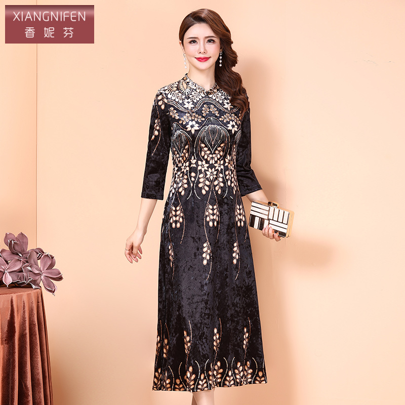 香妮芬高贵洋气风新款丝绒连衣裙