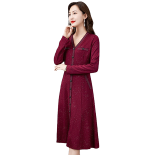 香妮芬红色时尚洋气v领衬衫连衣裙女2026新款春季气质显瘦长袖裙
