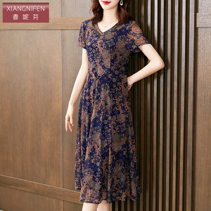 香妮芬高端台湾纱中年洋气妈妈连衣裙2026新款春夏短袖气质高贵女