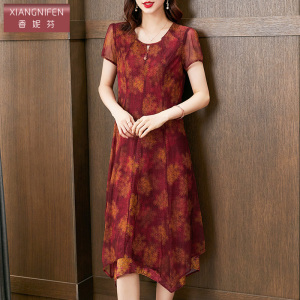 香妮芬高端弹力修身台湾纱连衣裙夏天2026新款洋气显瘦短袖妈妈装