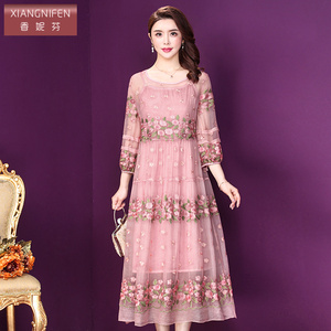 香妮芬桑蚕丝女连衣裙2026春季新款阔太太绣花长袖妈妈真丝裙子