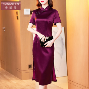 香妮芬修身收腰妈妈婚宴礼服2026新款春夏高端精致醋酸气质连衣裙