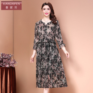 七分袖 阔太太大码 洋气裙子 2026新款 香妮芬妈妈雪纺碎花连衣裙春季