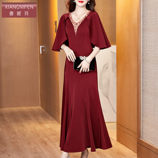 喜婆婆宴会礼服装 香妮芬高端气质披肩结婚妈妈连衣裙2026新款 夏季