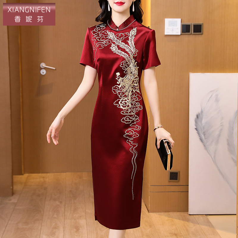 香妮芬喜妈妈礼服旗袍连衣裙女2025夏季新款高端醋酸喜婆婆婚宴装