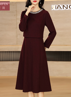 香妮芬高端钉珠红色假两件妈妈连衣裙女2025新款秋冬收腰长袖裙子