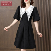 香妮芬v领气质黑色休闲连衣裙2025新款 秋季 高级小众设计感收腰裙