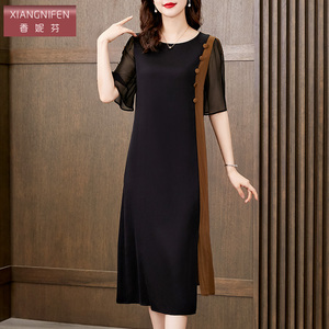 香妮芬精致轻奢桑蚕丝真丝短袖妈妈连衣裙2026夏季新款圆领中腰裙
