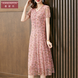 香妮芬高端优雅气质台湾纱妈妈连衣裙夏显瘦品牌洋气减龄中长款女