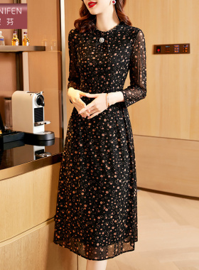 香妮芬高端气质连衣裙女春季2026新款长袖中年妈妈裙黑色长袖减龄