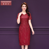 妈妈装 香妮芬2025夏季 中长款 连衣裙大码 新款 蕾丝刺绣红色气质修身