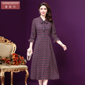 修身 香妮芬2424春秋雪纺中裙七分袖 大码 高贵中年妈妈连衣裙女