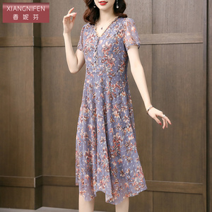 香妮芬碎花高端台湾纱连衣裙女夏季2026新款v领减龄收腰大摆短袖