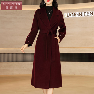 香妮芬系带收腰中长款修身绵羊毛大衣女2025秋冬新款女士毛呢外套