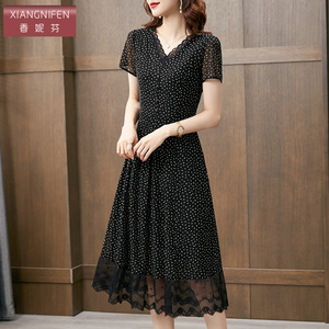 香妮芬黑色高端台湾纱休闲连衣裙女夏季2026新款遮肚子中年妈妈装