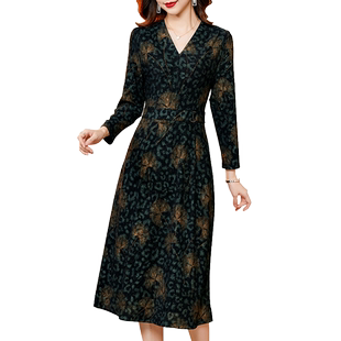 香妮芬时尚洋气减龄v领妈妈连衣裙女2026新款春季长袖气质高级感