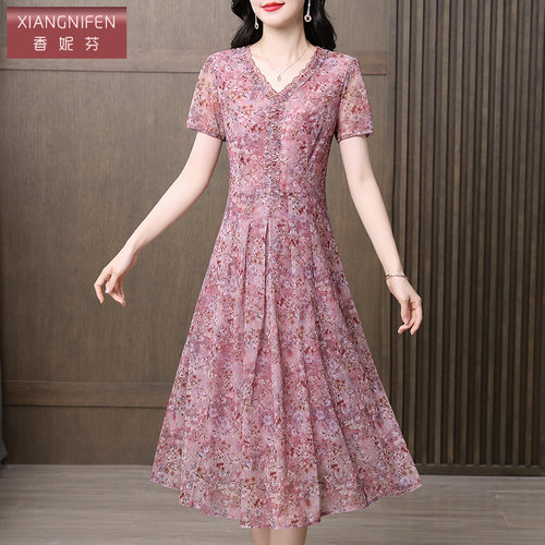 香妮芬v领短袖中年妈妈夏日连衣裙女2025新款端庄大气轻奢高级感