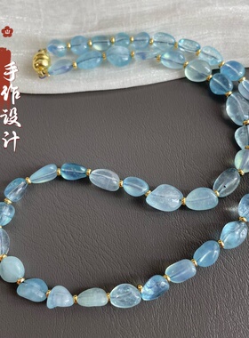 天然玻璃体海蓝宝女浪漫巴黎蓝色系列玉石随形散珠子蓝色宝石项链