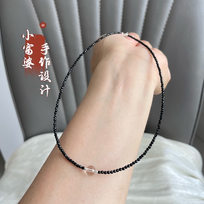 天然白水晶圆项链女款黑尖晶轻奢小众设计感锁骨链高级感颈链配饰