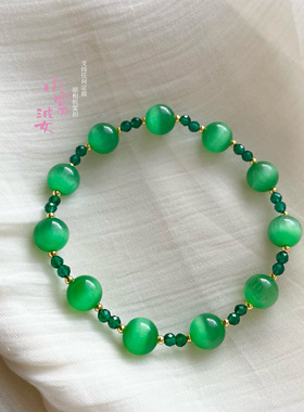 秋冬季复古新中式猫眼石手链 祖母绿色冰透圆珠链刻面尖晶小众款