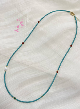极细天然淡水珍珠孔雀石仿绿松石串珠项链女高级感小众锁骨链配饰