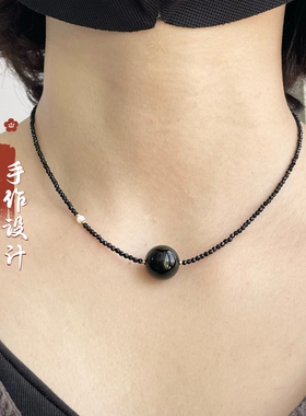 高级感纯黑色显白锁骨链大珠颈链黑尖晶刻面超细女款项链气质饰品