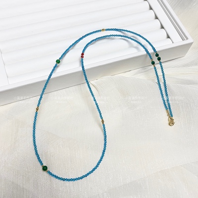 多巴胺毛衣链海蓝宝色托帕石小米珠叠戴加长项链 祖母绿宝石坦桑