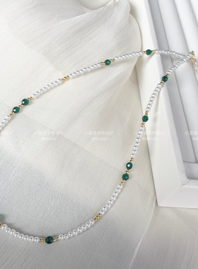 高级简约小众珍珠项链淡水贝珠锁骨串珠ins 祖母绿色刻面尖晶夏天