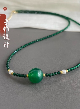 天然玛瑙大圆珠玻璃种锁骨链新中式国风百搭显白项链女款菠菜绿色