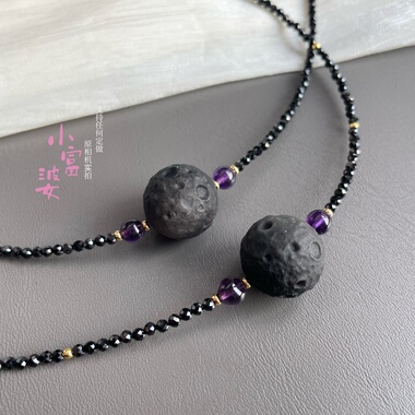 新款汉服项链陨石坑星球天然黑曜石银曜石圆形挂件黑尖晶男女锁骨