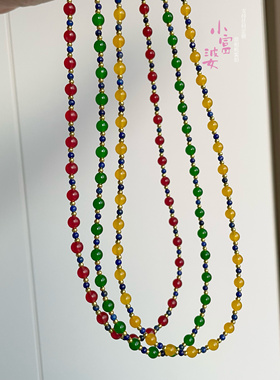 复古新中式国风圆珠链色彩盛宴红绿黄冰种玉髓时尚青金石锁骨链