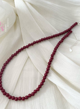 天然原矿紫金砂红朱砂4m圆珠帝王砂新年红色项链女轻奢礼物锁骨链