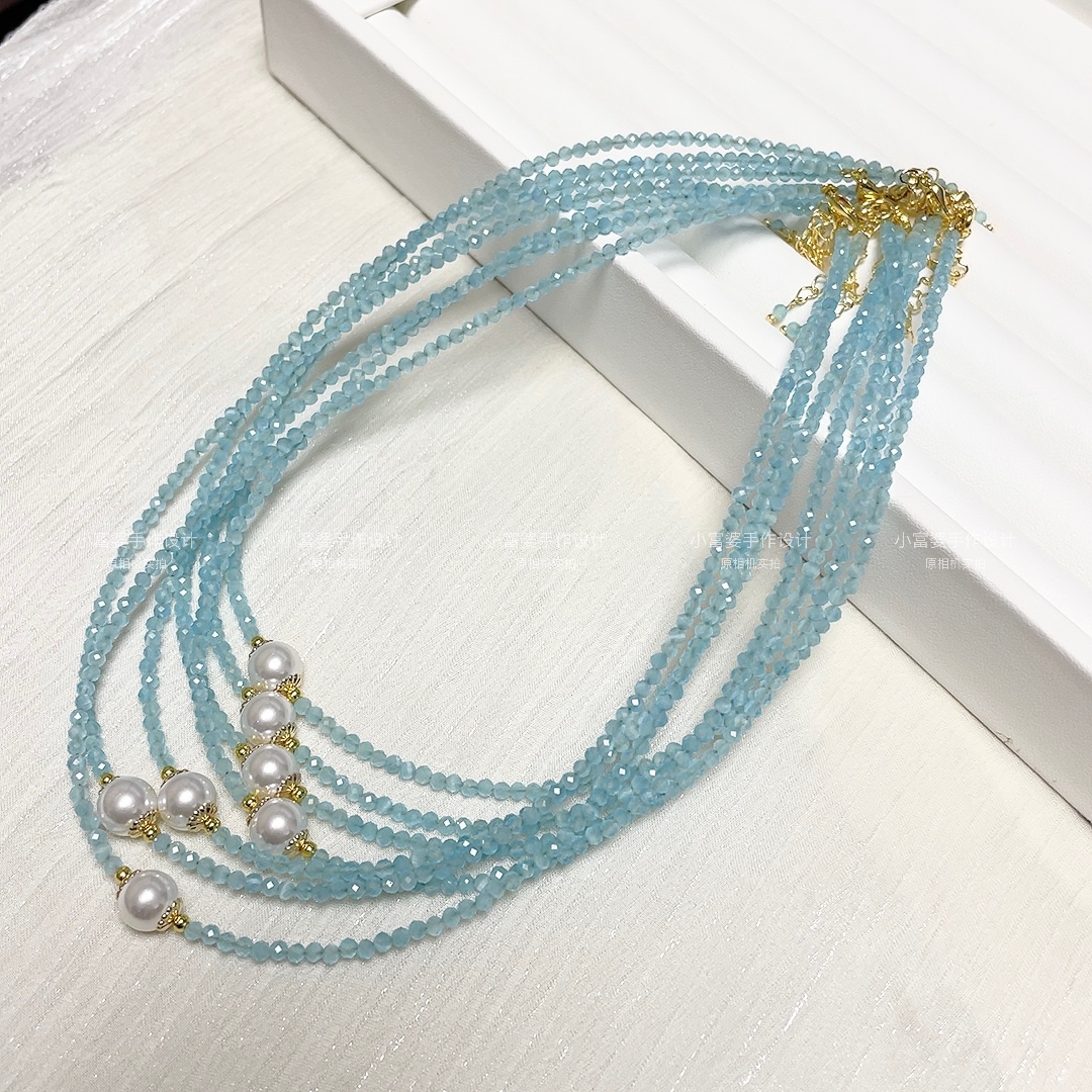 独家设海蓝宝色系串珍珠颈链清新优雅锁骨链短项链日韩2025新款